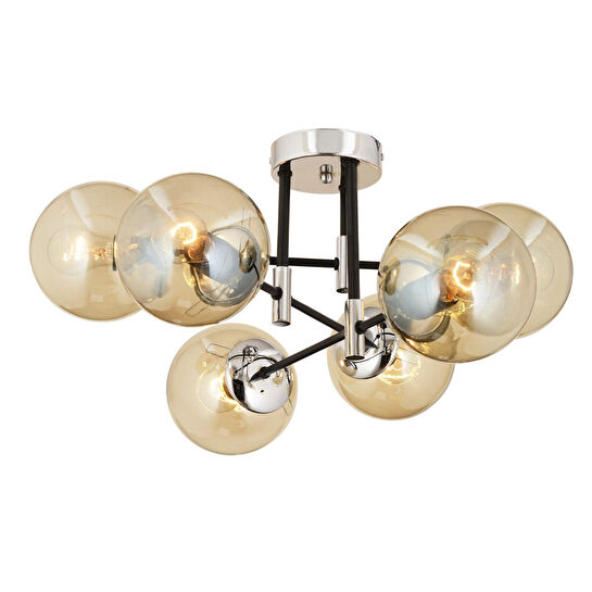 Apliqa Maral 6lı Siyah Krom Bal Camlı Modern Genç Odası Yatak Odası Retro Salon Avize