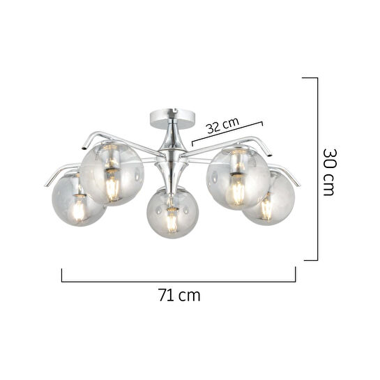 Apliqa Diaspor 5li Yuvarlak Krom Füme Camlı Modern Sarkıt Genç Odası Yatak Odası Retro Salon Avize