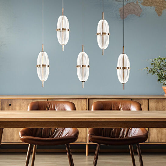 Apliqa Liona 5'li Sıralı 50 Watt Gold Kristalli Modern Salon Yemek Masası Üstü Sarkıt Led Avize