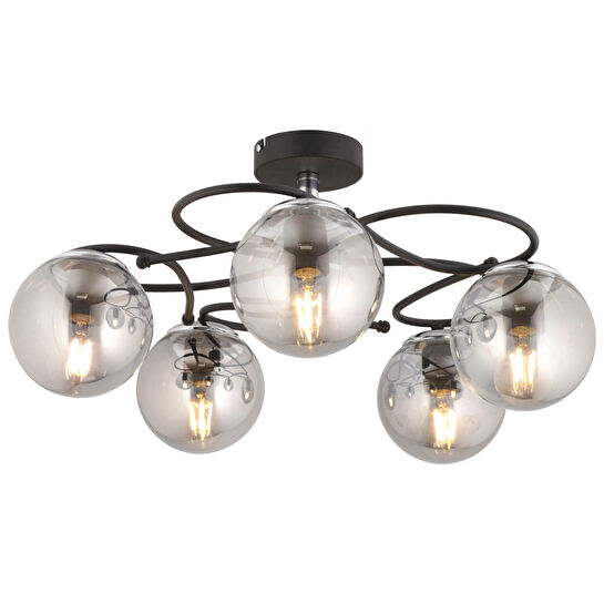 Apliqa Rodonit 5li Siyah Krom Füme Camlı Modern Sarkıt Genç Odası Yatak Odası Retro Salon Avize