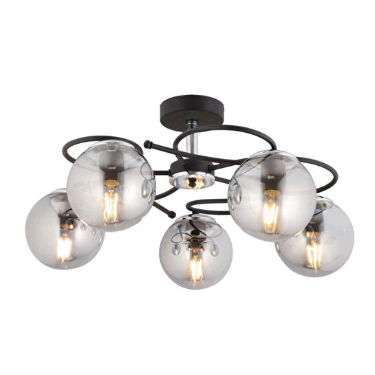 Apliqa Rodonit 5li Siyah Krom Füme Camlı Modern Sarkıt Genç Odası Yatak Odası Retro Salon Avize