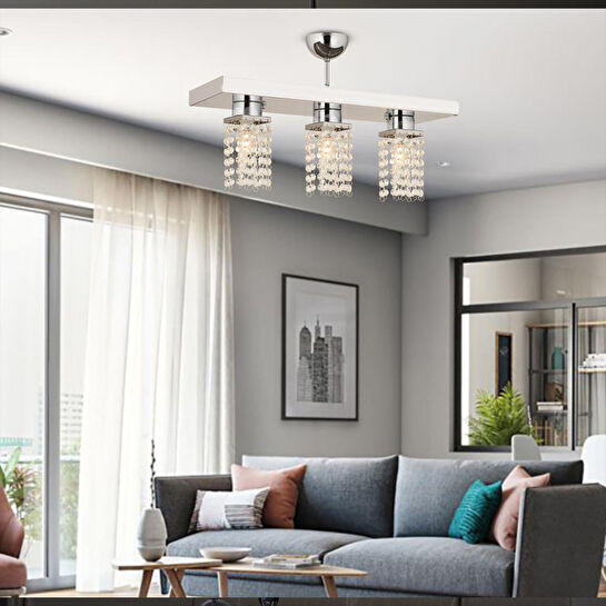 Apliqa Peter 3lü Sıralı Krom Kristalli, Taşlı Modern Tasarım Kristal Salon Avize