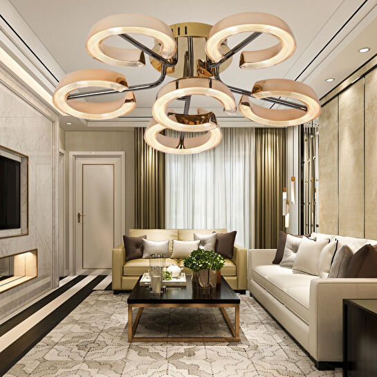 Apliqa Aster Gold 6'lı 54 Watt Plafonyer Kristal Taşlı Modern Salon Led Avize