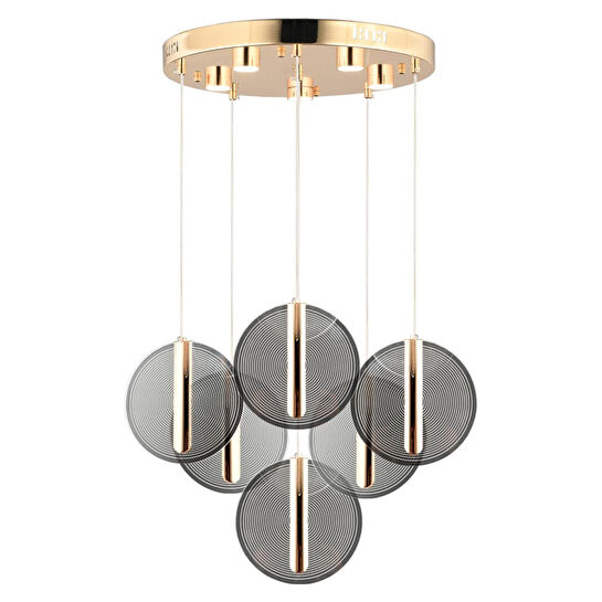 Apliqa Dustin 6'lı Yuvarlak 3 Renk 80 Watt Gold Kristal Ledli Modern Oturma Odası Salon Sarkıt Avize