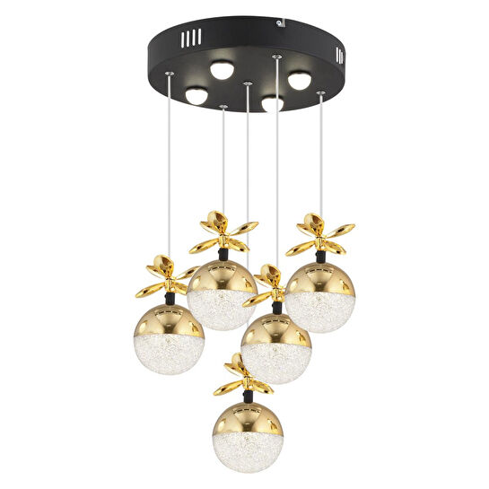Apliqa Lokken 5'li Yuvarlak 42 Watt Gold Kristal Ledli Modern Oturma Odası Salon Sarkıt Avize