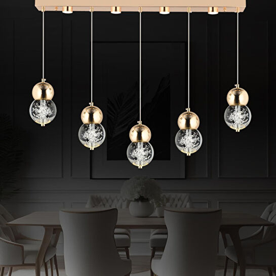 Apliqa Sasha 5'li Sıralı 3 Renkli 57 Watt Gold Kristal Ledli Modern Oturma Odası Salon Sarkıt Avize