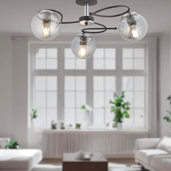 Apliqa Rodonit 3lü Siyah Krom Füme Camlı Modern Sarkıt Genç Odası Yatak Odası Retro Salon Avize