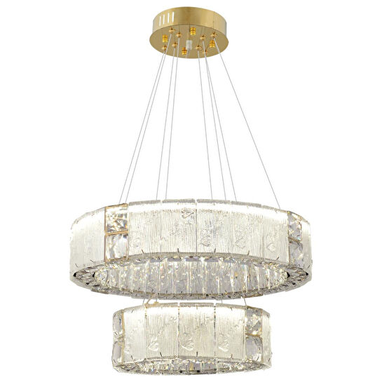 Apliqa Rocco 2 Katlı 3 Renkli Ledli 64 Watt Gold Kaplamalı Kristal Taşlı Sarkıt Led Salon Avize