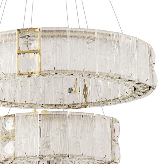 Apliqa Rocco 2 Katlı 3 Renkli Ledli 64 Watt Gold Kaplamalı Kristal Taşlı Sarkıt Led Salon Avize