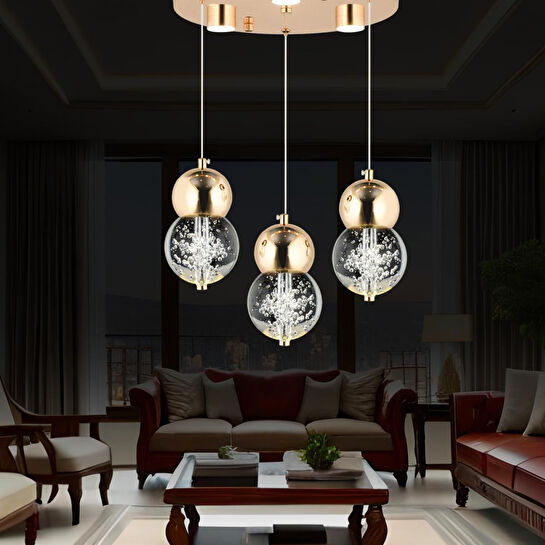Apliqa Sasha 3'lü Yuvarlak 3 Renkli 48 Watt Gold Kristal Ledli Modern Oturma Odası Salon Sarkıt Avize