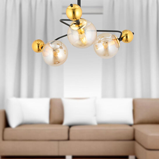 Apliqa Florit 3'lü Siyah Gold Modern Oturma Odası Salon Avize