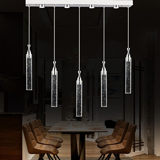 Apliqa Klaus 5'li Sıralı 3 Renkli 75 Watt Krom Kristal Ledli Modern Oturma Odası Salon Sarkıt Avize