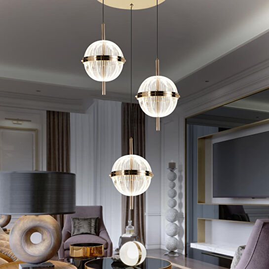 Apliqa Loret 3'lü Yuvarlak 36 Watt Gold Krisatlli Modern Salon Oturma Odası Sarkıt Led Avize