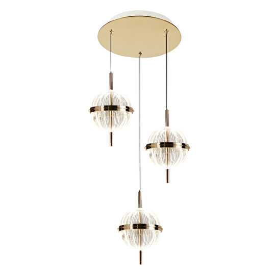 Apliqa Loret 3'lü Yuvarlak 36 Watt Gold Krisatlli Modern Salon Oturma Odası Sarkıt Led Avize