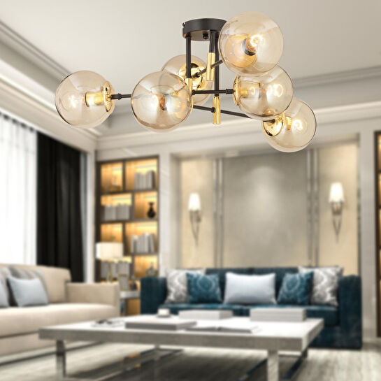 Apliqa Maral 6lı Siyah Gold Bal Camlı Modern Genç Odası Yatak Odası Retro Salon Avize