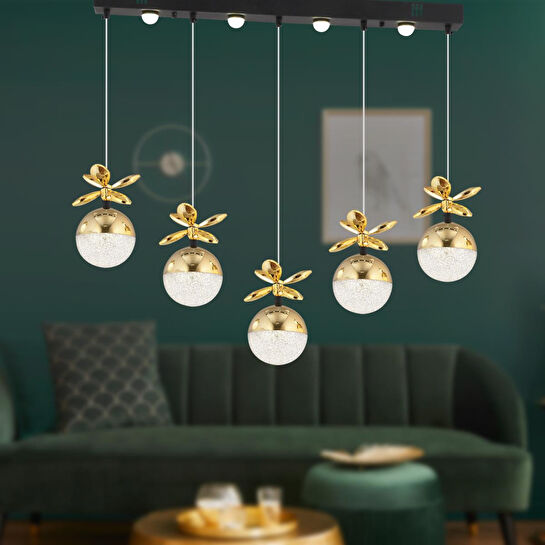 Apliqa Lokken 5'li Sıralı Gold 42 Watt Kristal Ledli Modern Oturma Odası Salon Sarkıt Avize