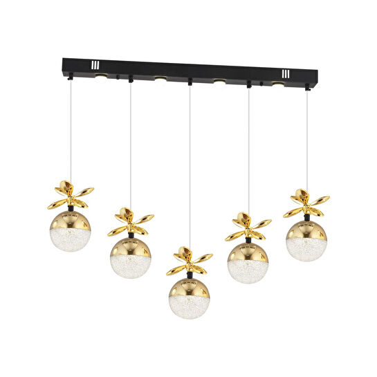 Apliqa Lokken 5'li Sıralı Gold 42 Watt Kristal Ledli Modern Oturma Odası Salon Sarkıt Avize