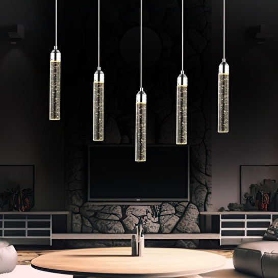 Apliqa Zaki 5 Li Sıralı Krom Kaplama 3 Renkli 72 Watt Ledli Modern Tasarım Oturma Odası,yemek Masa Üstüı,salon Sarkıt Led Avize