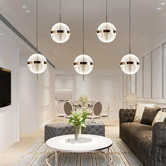 Apliqa Loret 5'li Sıralı 60 Watt Gold Kristalli Modern Salon Yemek Masası Üstü Sarkıt Led Avize