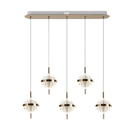 Apliqa Loret 5'li Sıralı 60 Watt Gold Kristalli Modern Salon Yemek Masası Üstü Sarkıt Led Avize