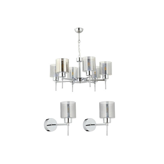 Apliqa Cemre 6'lı Krom Modern Tasarım Yatak Odası Salon Avize-aplik Seti 3 Parça Avize-aplik Seti Seti