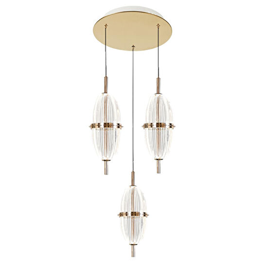 Apliqa Liona 3'lü Yuvarlak 30 Watt Gold Krisatlli Modern Salon Oturma Odası Sarkıt Led Avize