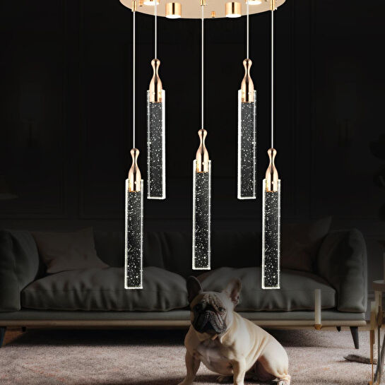 Apliqa Klaus 5'li Yuvarlak 3 Renkli 75 Watt Gold Kristal Ledli Modern Oturma Odası Salon Sarkıt Avize