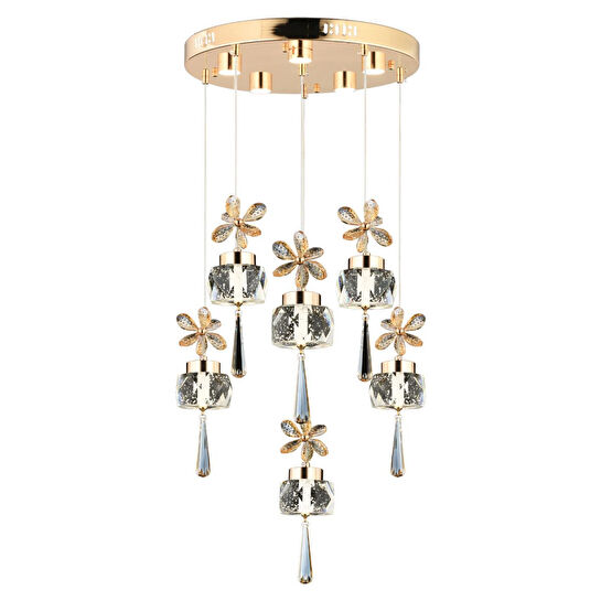 Apliqa Amaris 6'lı Yuvarlak Gold Kelebek Led Avize Kristal Ledli Modern Oturma Odası Büyük Salon Sarkıt Avize