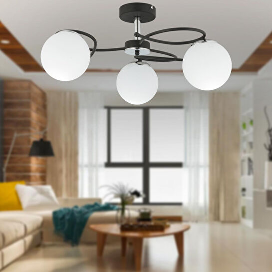 Apliqa Rodonit 3lü Siyah Krom Beyaz Camlı Modern Sarkıt Genç Odası Yatak Odası Retro Salon Avize