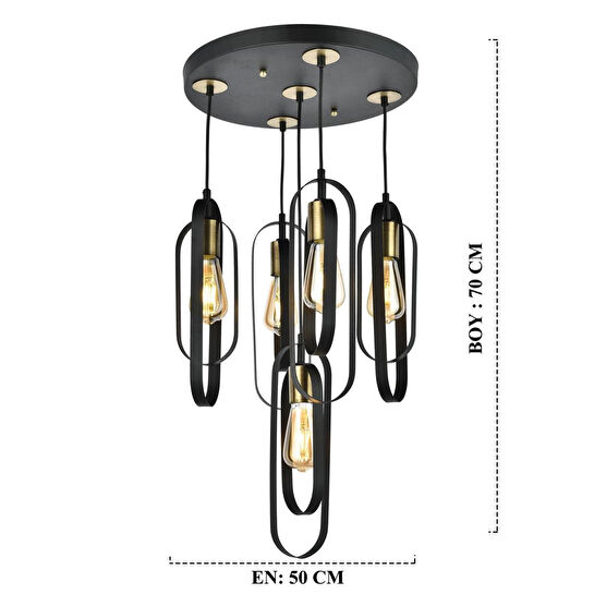 Apliqa Koza 5li Yuvarlak Siyah Modern Genç Odası Mutfak Retro Salon Sarkıt Avize