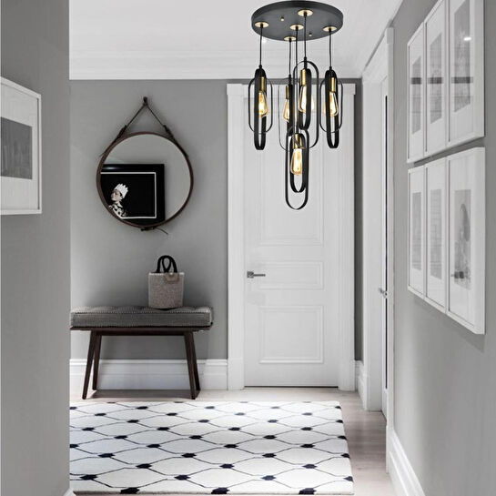 Apliqa Koza 5li Yuvarlak Siyah Modern Genç Odası Mutfak Retro Salon Sarkıt Avize