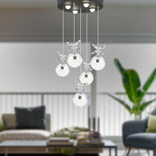 Apliqa Lokken 5'li Yuvarlak 42 Watt Krom Kristal Ledli Modern Oturma Odası Salon Sarkıt Avize