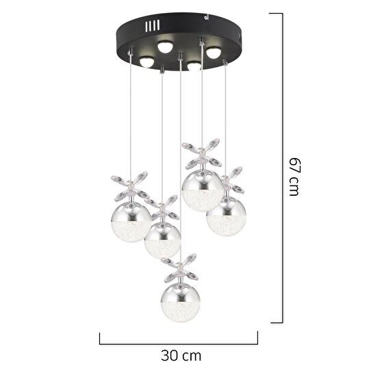Apliqa Lokken 5'li Yuvarlak 42 Watt Krom Kristal Ledli Modern Oturma Odası Salon Sarkıt Avize