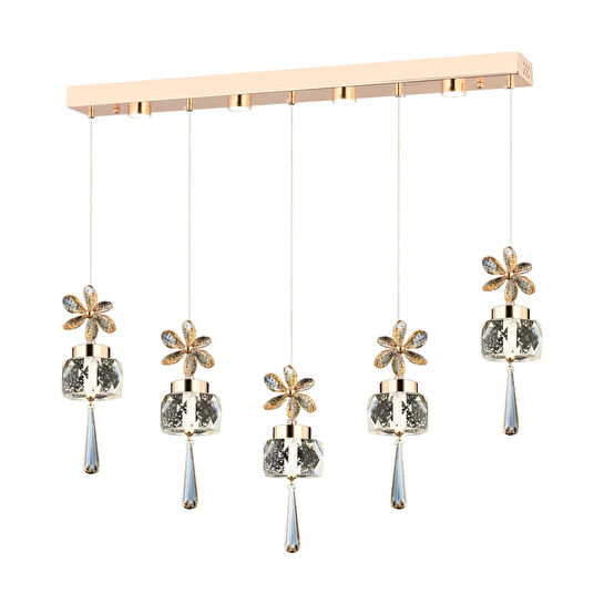 Apliqa Amaris 5'li Sıralı 3 Renkli 70 Watt Gold Kelebek Led Avize Kristal Ledli Modern Oturma Odası Salon Sarkıt Avize