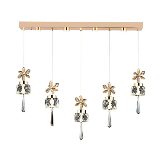 Apliqa Amaris 5'li Sıralı 3 Renkli 70 Watt Gold Kelebek Led Avize Kristal Ledli Modern Oturma Odası Salon Sarkıt Avize