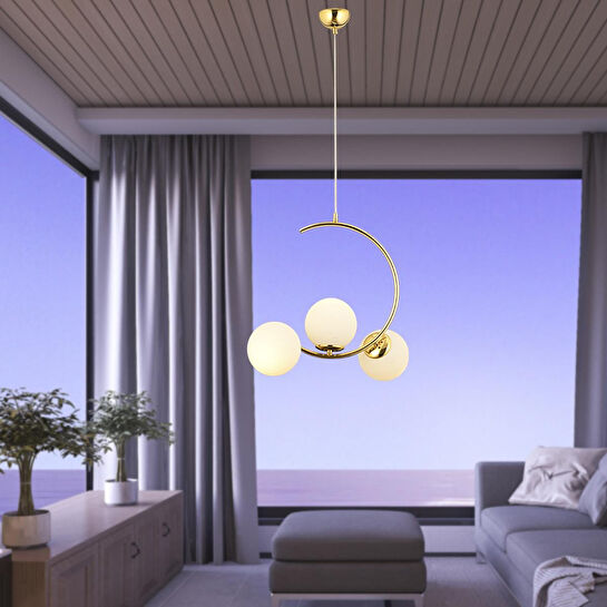 Apliqa Ladre 3lü Beyaz Camlı Gold Modern Sarkıt, Mutfakyatak Odası Salon Avize