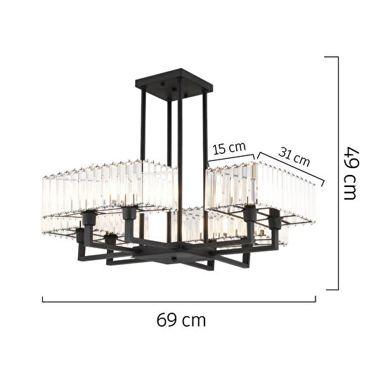 Apliqa Brambles 8'li Siyah Kristalli Taşlı Modern Tasarım Kristal Salon Avize