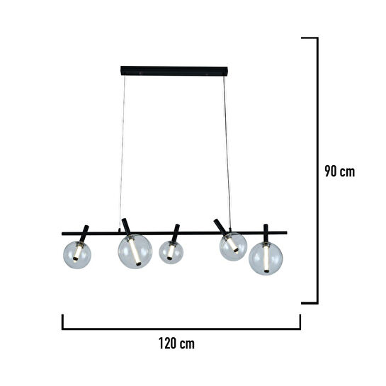 Apliqa Neval 5'li Sıralı Siyah Gold 7 Watt Yemek Masası Üstü, Salon Sarkıt Avize