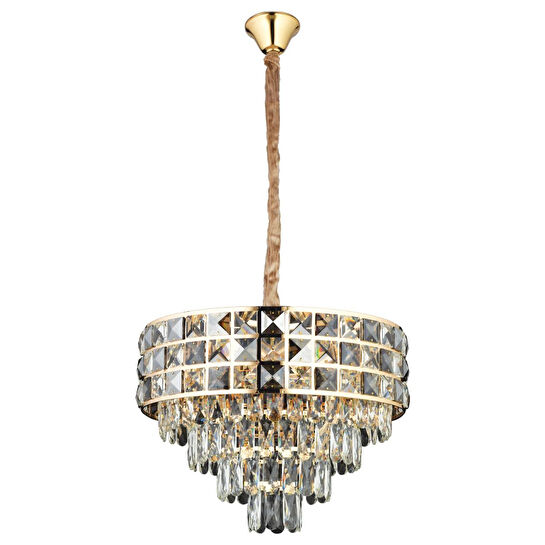 Apliqa Orrel 8'li Gold Kristal Taşlı Modern Oturma Odası Salon Sarkıt Avize