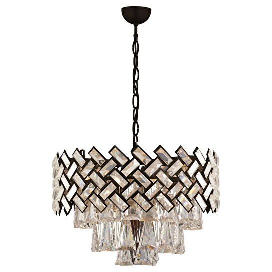 Apliqa Melina Yuvarlak Siyah Kristalli, Taşlı Modern Tasarım Kristal Salon Avize