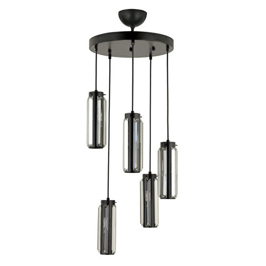 Apliqa Natali 5 Li Yuvarlak Siyah Modern Kristalli, Taşlı Modern Tasarım Kristal Salon Sarkıt Avize
