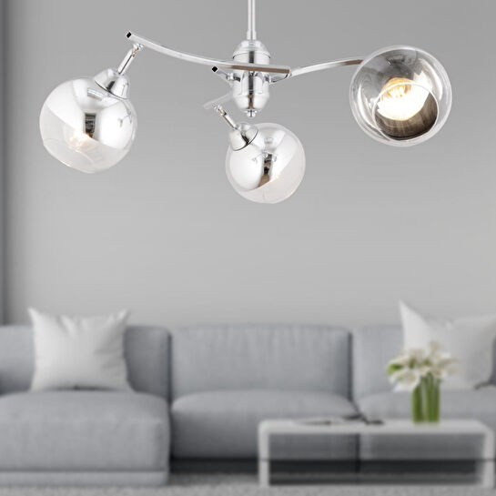 Apliqa Abbey 3'lü Krom Rengi Krom Camlı Yuvarlak Modern Oturma Odası Spot Salon Avize