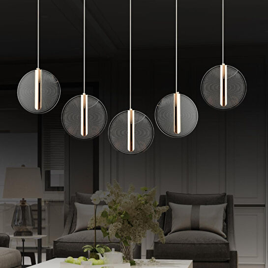 Apliqa Dustin 5'li Sıralı 3 Renk 75 Watt Gold Kristal Ledli Modern Oturma Odası Salon Sarkıt Avize