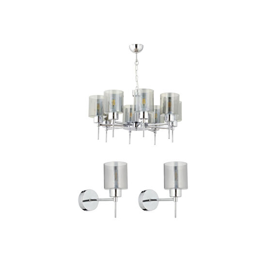 Apliqa Cemre 8'li Krom Modern Tasarım Yatak Odası Salon Avize-aplik Seti 3 Parça Avize-aplik Seti Seti