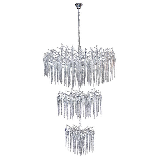 Apliqa Laura 3 Katlı Krom Kristal Taşlı Oturma Odası, Su Damlası Taşlı Salon Avize