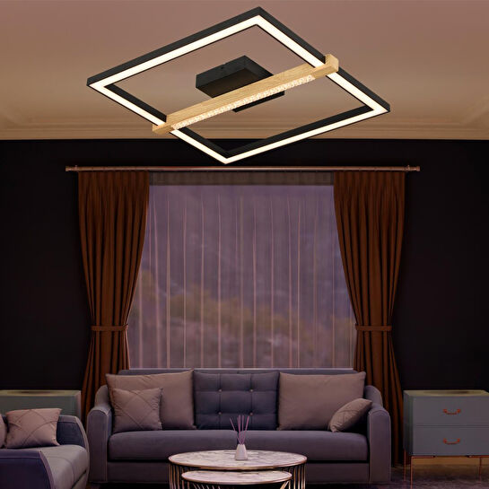 Apliqa April Siyah 58 Watt Plafonyer Kare Ahşap Desenli Modern Salon Led Avize