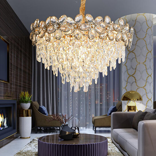 Apliqa Saral 60'lık Yuvarlak Gold Kristal Taşlı Modern Tasarım Salon Avize