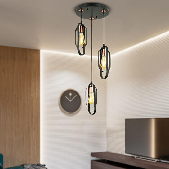 Apliqa Koza 3 Lü Bakır Eskitme Sarkıt Modern Yatak Odası Mutfak Oturma Odası Salon Sarkıt Avize