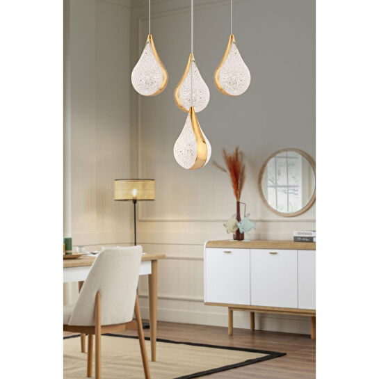 Apliqa Biana 4'lü Yuvarlak Gold Damla Başlıklı Modern Salon Led Avize