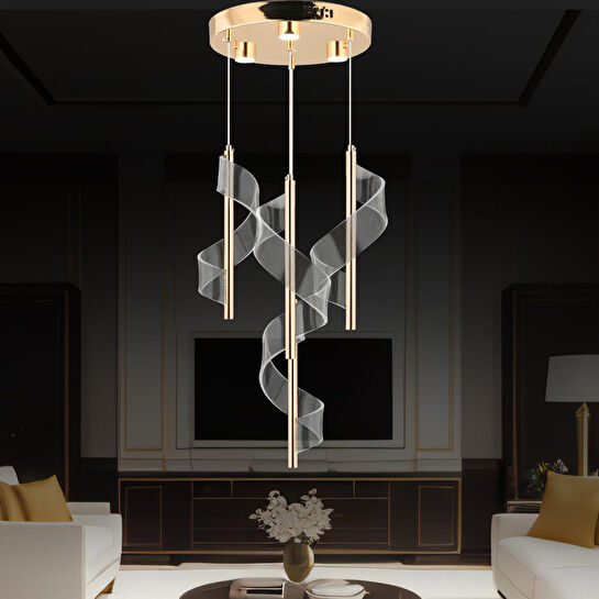 Apliqa Jadon 4'lü Yuvarlak 3 Renkli 35 Watt Gold Kristal Ledli Modern Oturma Odası Salon Sarkıt Avize